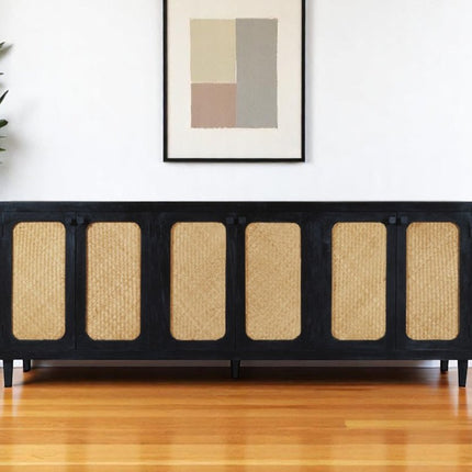 94" Black Distressed Solid Wood Sideboard with Six Doors HomeRoots