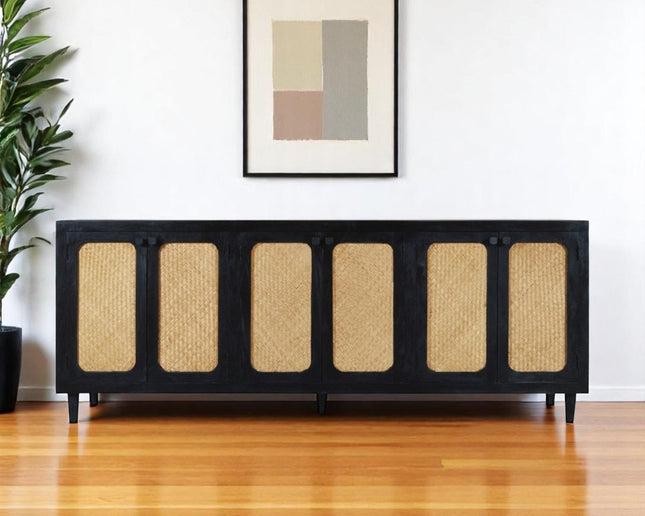 94" Black Distressed Solid Wood Sideboard with Six Doors HomeRoots