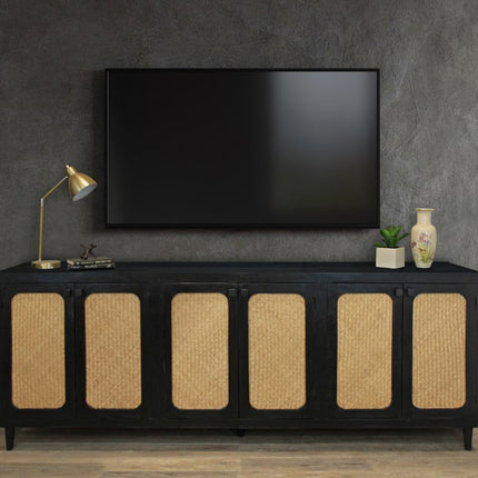 94" Black Distressed Solid Wood Sideboard with Six Doors HomeRoots
