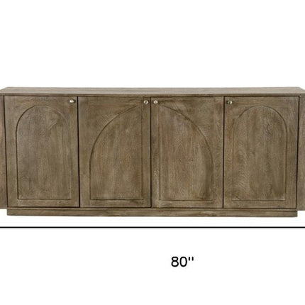 80" Brown Distressed Solid Wood Carved Geometric Sideboard With Four Doors HomeRoots