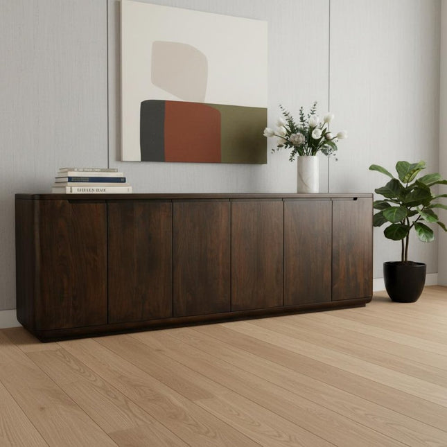 96" Dark Brown Distressed Solid Wood Sideboard With Six Doors HomeRoots
