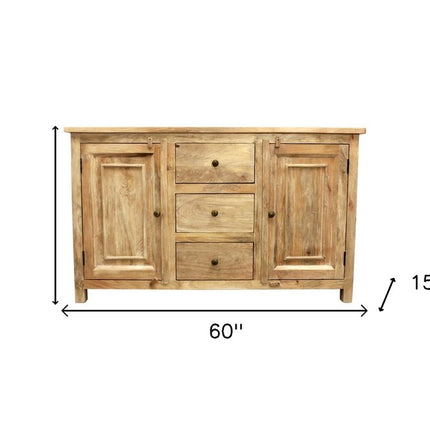 60" Natural Distressed Solid Wood Three Drawer Sideboard With Two Doors HomeRoots