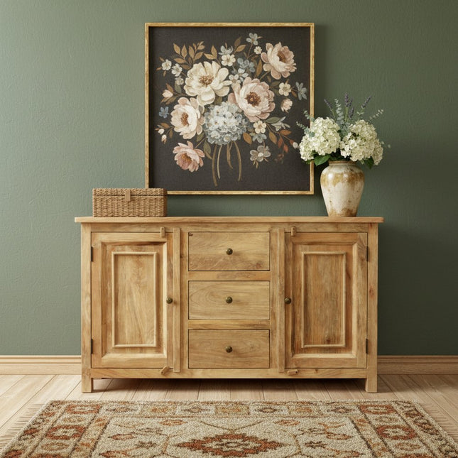 60" Natural Distressed Solid Wood Three Drawer Sideboard With Two Doors HomeRoots