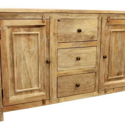 60" Natural Distressed Solid Wood Three Drawer Sideboard With Two Doors HomeRoots