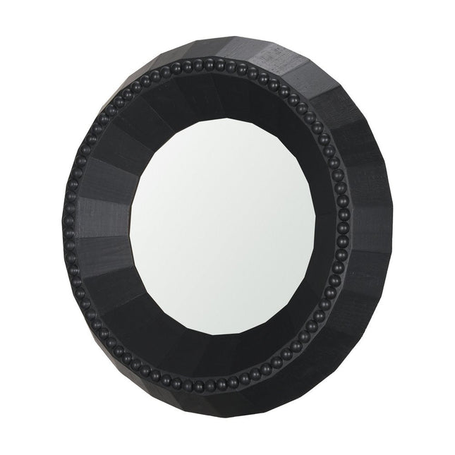 30" Black Solid Wood Faceted And Beaded Round Framed Accent Mirror HomeRoots