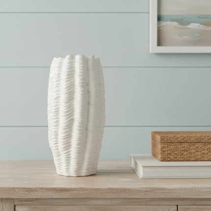 24" Cream Cylinder Ceramic Sculptural Waves Table Vase HomeRoots