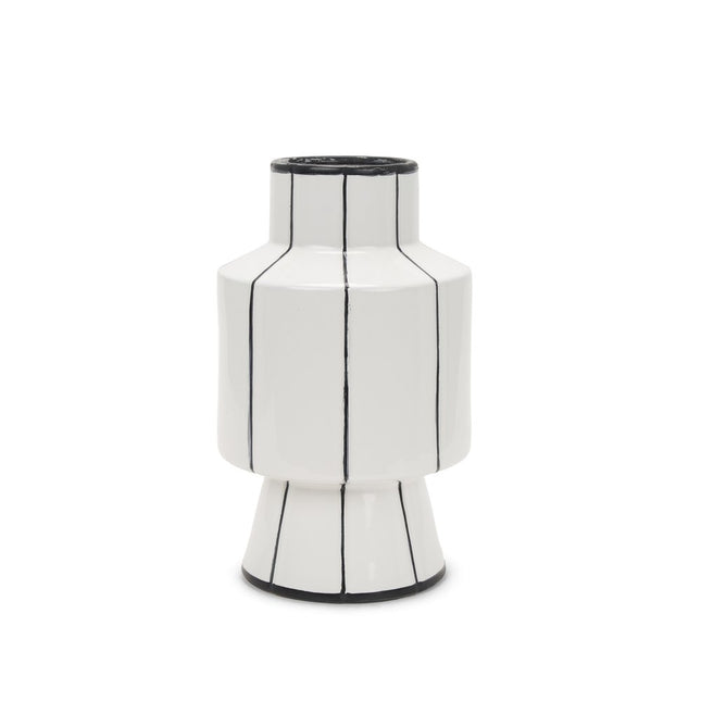 13" White And Black Striped Ceramic Cylinder Table Vase