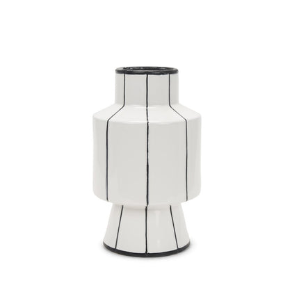 13" White And Black Striped Ceramic Cylinder Table Vase