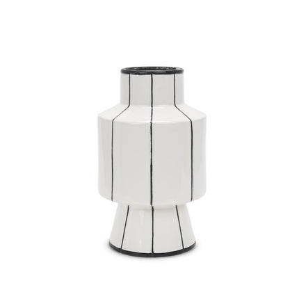 13" White And Black Striped Ceramic Cylinder Table Vase