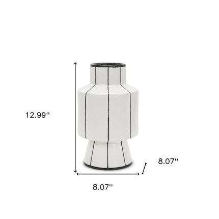 13" White And Black Striped Ceramic Cylinder Table Vase