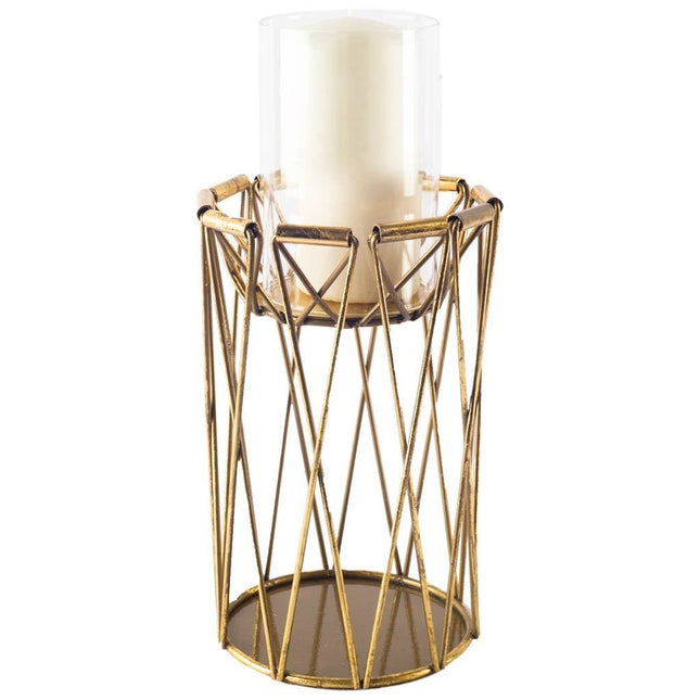 10" Antiqued Brass Distressed Geometric Metal And Glass Tabletop Hurricane Candle Holder HomeRoots