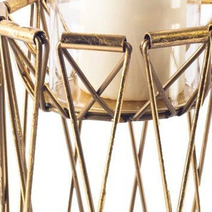 10" Antiqued Brass Distressed Geometric Metal And Glass Tabletop Hurricane Candle Holder HomeRoots