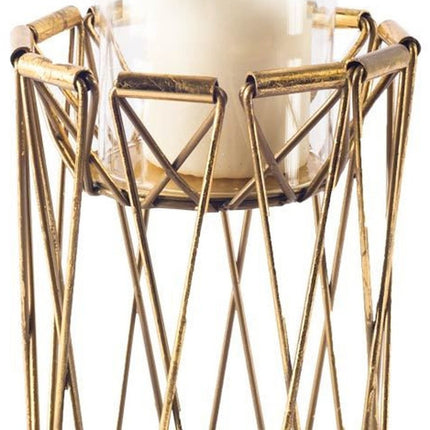 10" Antiqued Brass Distressed Geometric Metal And Glass Tabletop Hurricane Candle Holder HomeRoots