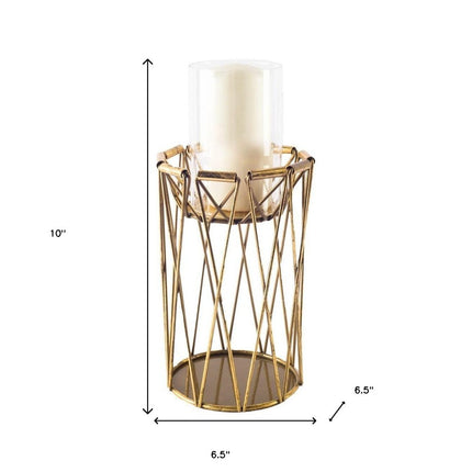 10" Antiqued Brass Distressed Geometric Metal And Glass Tabletop Hurricane Candle Holder HomeRoots