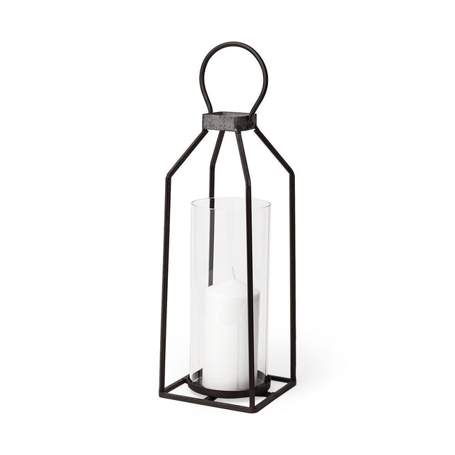 19" Black Distressed Geometric Metal And Glass Tabletop Lantern Candle Holder HomeRoots