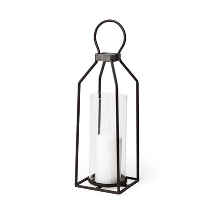 19" Black Distressed Geometric Metal And Glass Tabletop Lantern Candle Holder HomeRoots