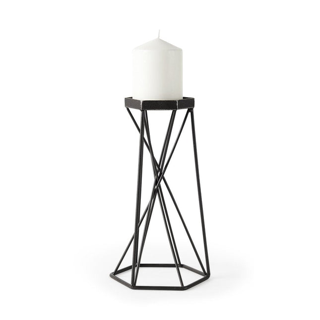 11" Black Distressed Geometric Metal Tabletop Pillar Candle Holder HomeRoots