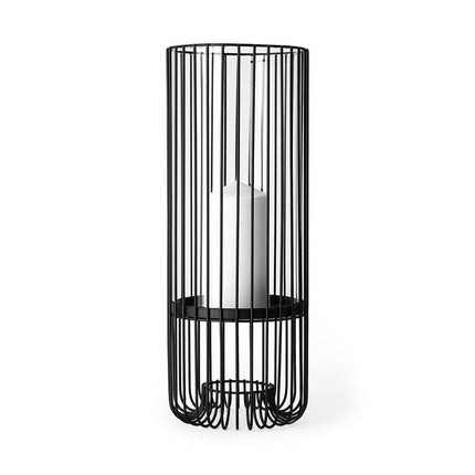 17" Black Abstract Metal And Glass Tabletop Hurricane Candle Holder HomeRoots
