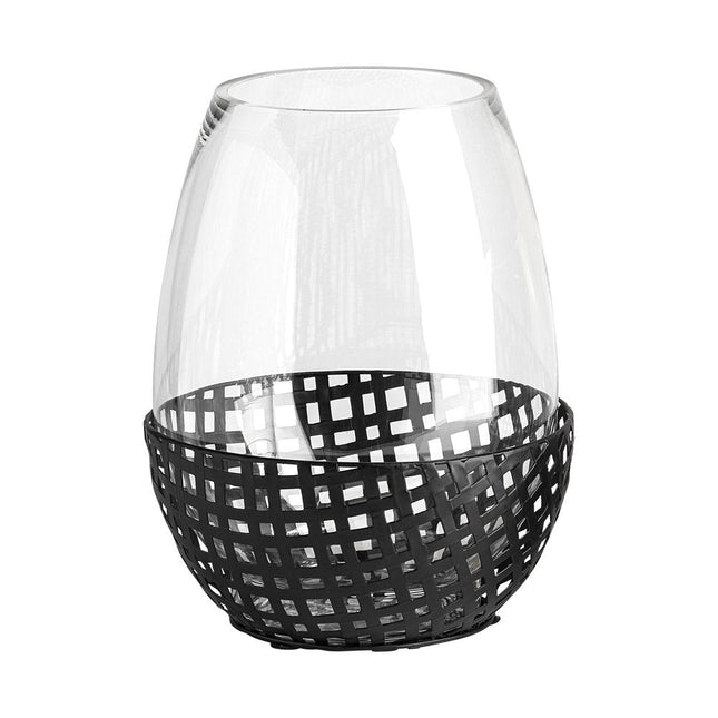 10" Black Woven Metal And Glass Tabletop Hurricane Candle Holder HomeRoots