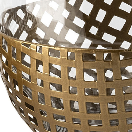 10" Gold And Clear Woven Metal And Glass Tabletop Hurricane Candle Holder HomeRoots