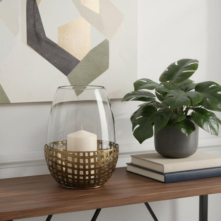 10" Gold And Clear Woven Metal And Glass Tabletop Hurricane Candle Holder HomeRoots