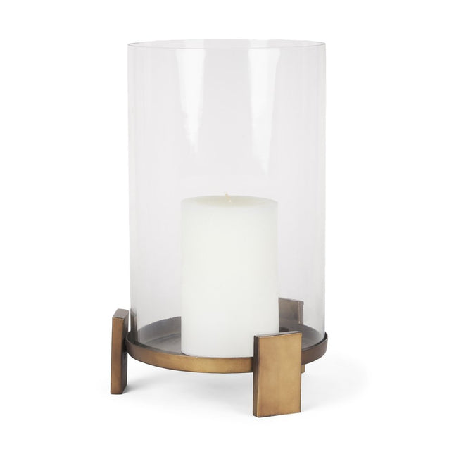 14" Antiqued Gold Geometric Glass And Metal Tabletop Hurricane Candle Holder HomeRoots