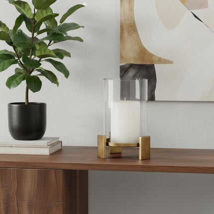 12" Gold Geometric Glass And Metal Tabletop Hurricane Candle Holder HomeRoots