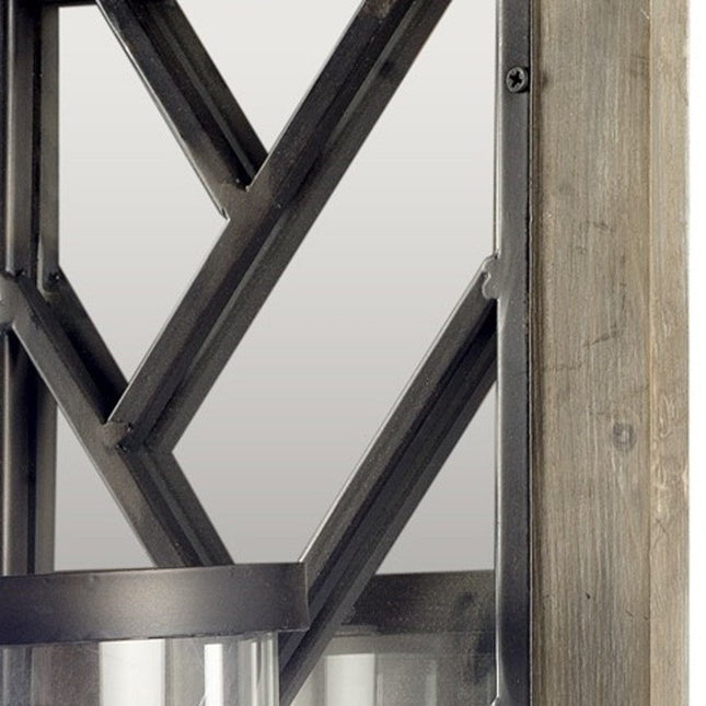 24" Black Distressed Mirrored Metal Glass And Solid Wood Wall Sconce Candle Holder