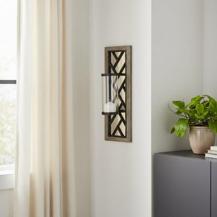 24" Black Distressed Mirrored Metal Glass And Solid Wood Wall Sconce Candle Holder HomeRoots
