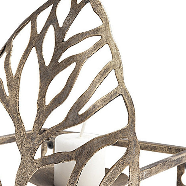 8" Champagne Distressed Botanical Leaf Iron Wall Sconce Candle Holder HomeRoots