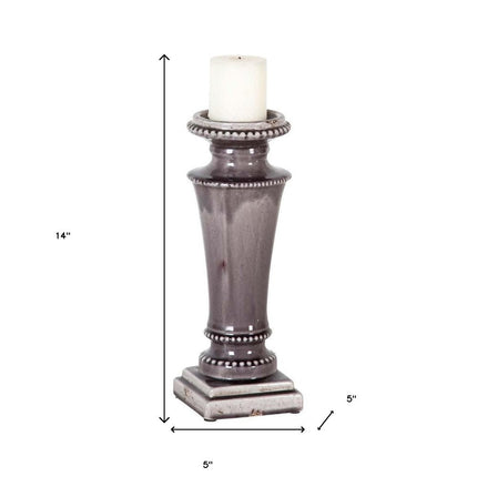 14" Gray Distressed Ornate Ceramic Tabletop Pillar Candle Holder HomeRoots