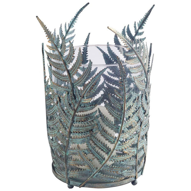 11" Green And Gold Distressed Botanical Leaf Metal Tabletop Hurricane Candle Holder HomeRoots