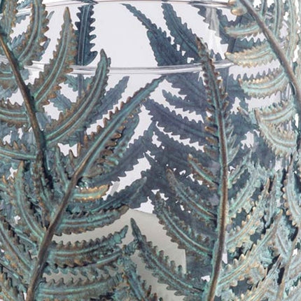 11" Green And Gold Distressed Botanical Leaf Metal Tabletop Hurricane Candle Holder HomeRoots