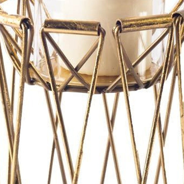 8" Antiqued Brass Distressed Geometric Metal And Glass Tabletop Hurricane Candle Holder HomeRoots