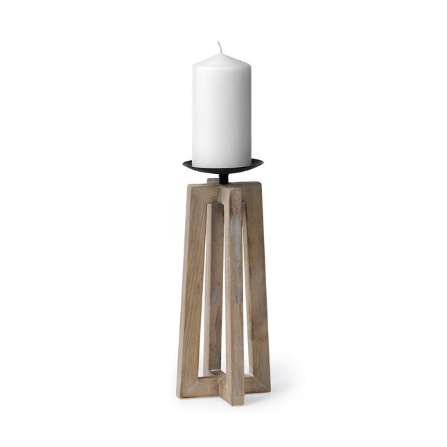 12" Light Brown Distressed Geometric Solid Wood And Metal Tabletop Pillar Candle Holder HomeRoots