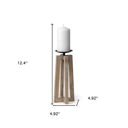 12" Light Brown Distressed Geometric Solid Wood And Metal Tabletop Pillar Candle Holder HomeRoots