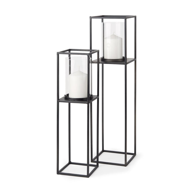 Set of Two Black Geometric Metal And Glass Tabletop Hurricane Candle Holders HomeRoots