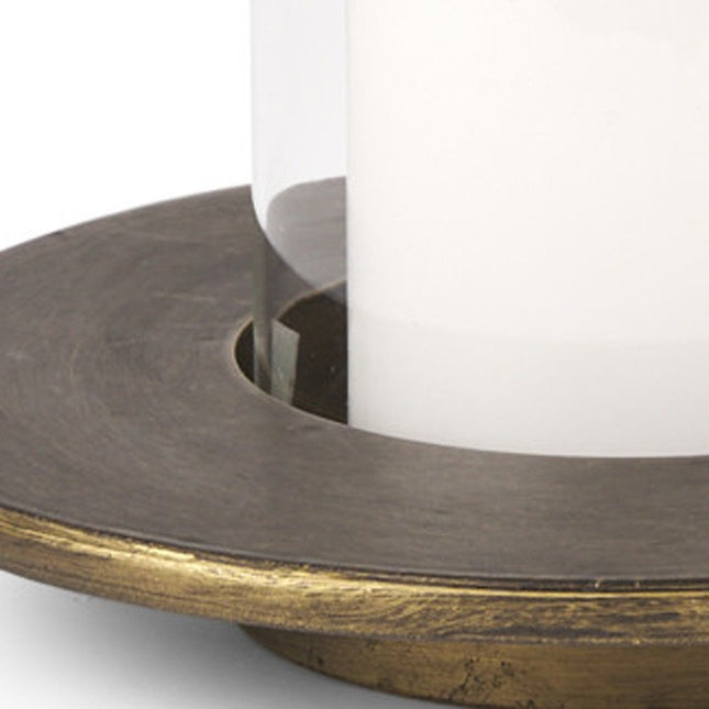 Set of Two Gold Distressed Geometric Metal Tabletop Hurricane Candle Holders HomeRoots