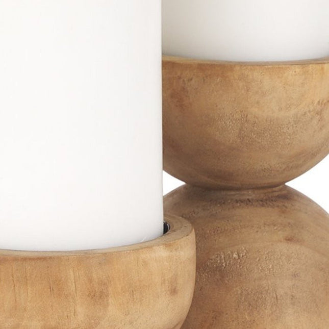 Set of Two Brown Distressed Geometric Solid Wood Tabletop Pillar Candle Holders HomeRoots