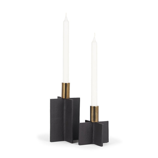 Set of Two Black And Gold Geometric Metal Tabletop Taper Candle Holders HomeRoots