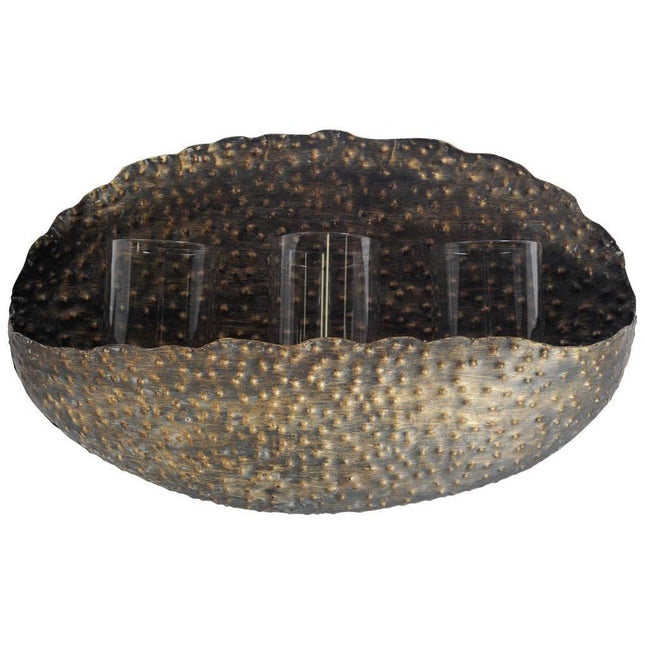 12" Bronze Distressed Hammered Glass And Metal Hurricane Candle Holder HomeRoots