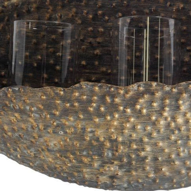 12" Bronze Distressed Hammered Glass And Metal Hurricane Candle Holder HomeRoots