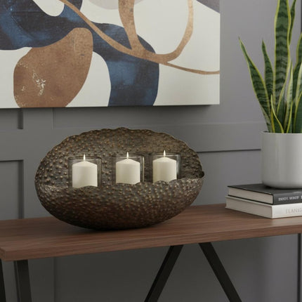 12" Bronze Distressed Hammered Glass And Metal Hurricane Candle Holder HomeRoots