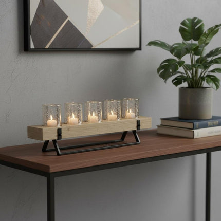 7" Black And Brown Distressed Mirrored Solid Wood Metal And Glass Tabletop Votive Candle Holder HomeRoots