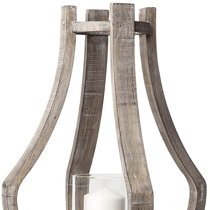 25" Brown Distressed Geometric Solid Wood Metal And Glass Tabletop Hurricane Candle Holder HomeRoots