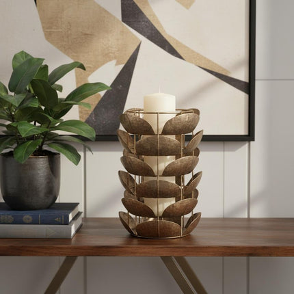 10" Bronze Distressed Botanical Leaf Metal Tabletop Hurricane Candle Holder HomeRoots