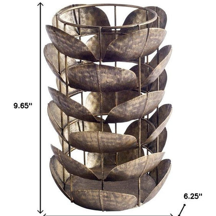 10" Bronze Distressed Botanical Leaf Metal Tabletop Hurricane Candle Holder HomeRoots