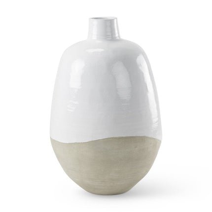 32" White And Beige Color Block Ceramic Round Floor Vase HomeRoots
