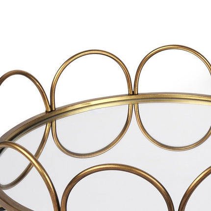 Set of Two Antiqued Gold Metal And Mirrored Glass Round Vanity Trays HomeRoots