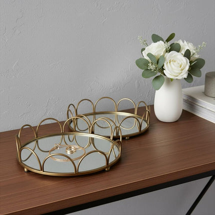 Set of Two Antiqued Gold Metal And Mirrored Glass Round Vanity Trays HomeRoots